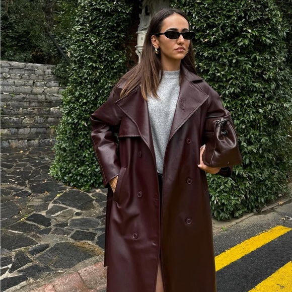 Burgundy Plato Faux Leather Buckle Trench Coat - Picture 5 of 11